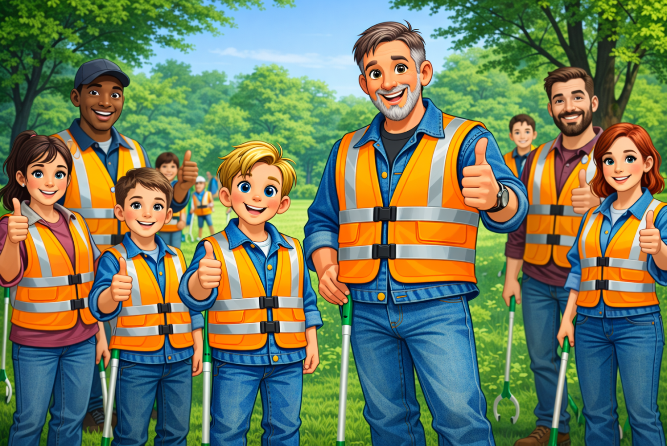 Zane en opa Ben in hesjes verzamelen afval in een park.