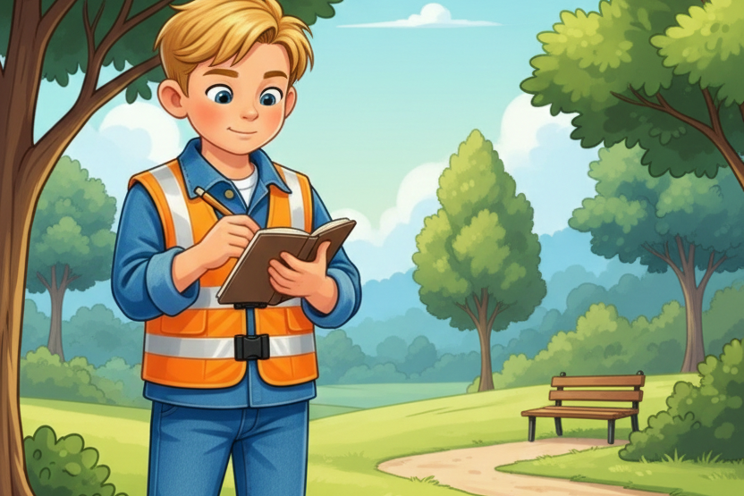 Jongen in veiligheidsvest schrijft notities in een park met bomen en een bankje.