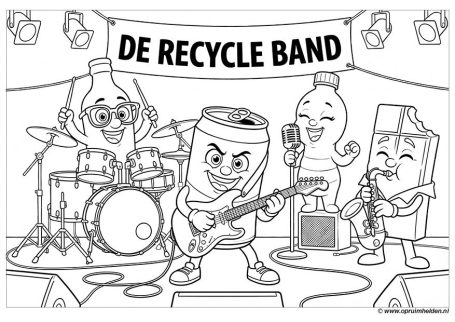 Een kleurplaat van een band van recyclebare dingen die muziek maken.