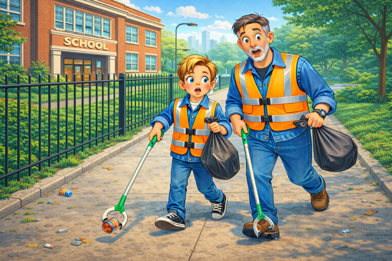 Opa en kleinzoon in veiligheidsvesten, opruimen van afval op de stoep bij een school.