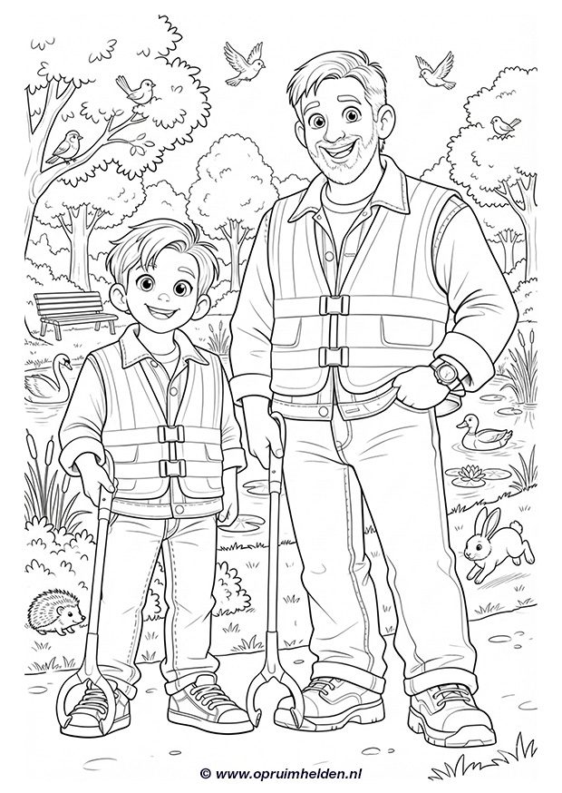 Opa en kleinzoon in hesjes met afvalknijpers, omringd door natuur en dieren.