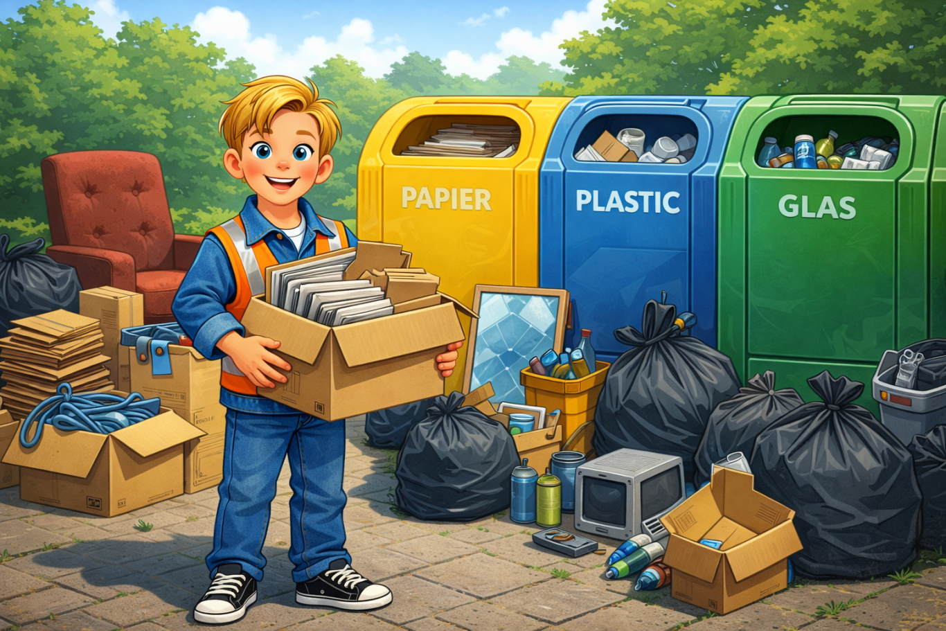 Jongen met een doos vol afval, omringd door recyclingcontainers en afvalzakken.