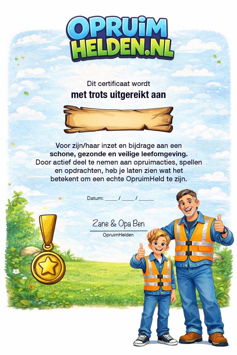 Zane en opa Ben in oranje veiligheidsvesten met een medaille en opruimopdracht.