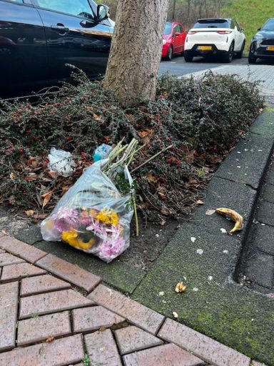 Afval met een doorweekte bloemenboeket en takken op de stoep naast een boom.
