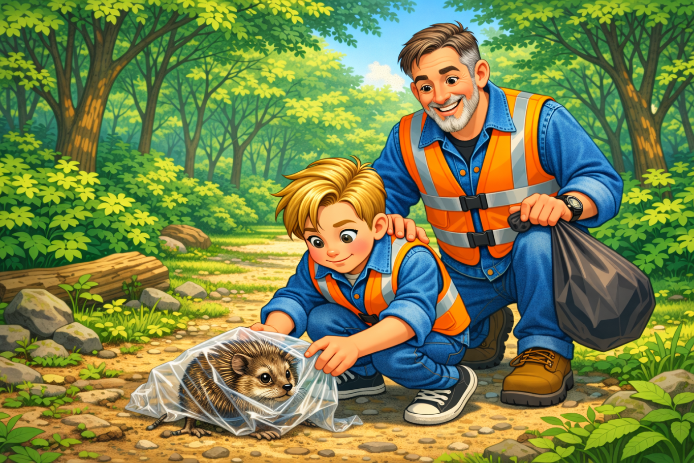 Jongen met een doos vol afval, omringd door recyclingcontainers en afvalzakken.