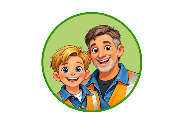 Een blije jongeman en een oudere man, beide in werkkleding met een groene achtergrond.