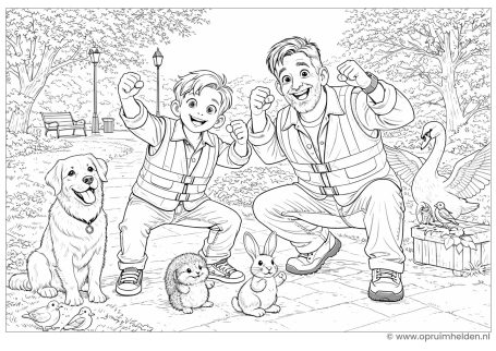 Twee blije mensen in veiligheidskleding met dieren in een park, waaronder een hond en een konijn.