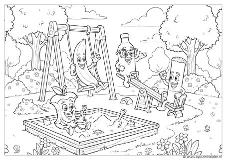 Vrolijke fruitfiguren spelen in een speeltuin met een zandbak en schommels.